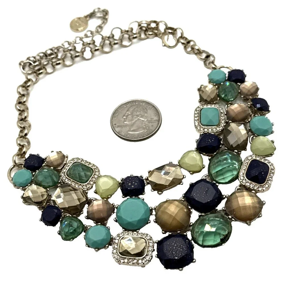 DANA BUCHMAN Teal Blue Beige Rhinestone Bib Necklace Multistrand 16